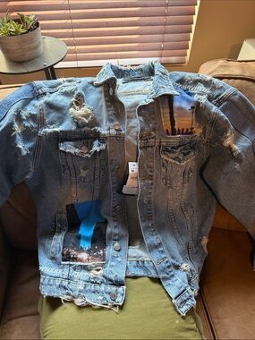 Zara Distressed Light Blue Denim Jacket with Graphic Panels
